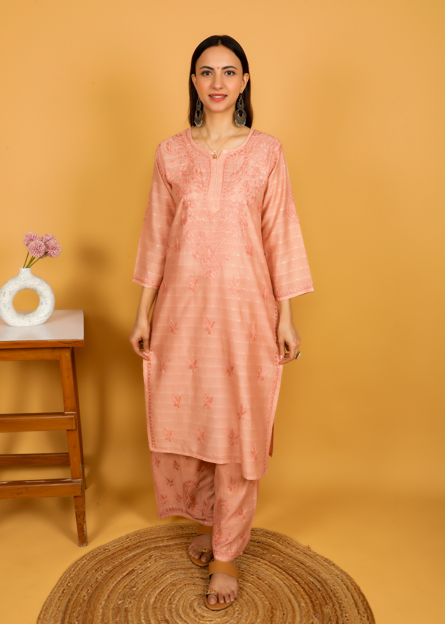 MOHIITO ROSE GOLD LUCKNOWI CHANDERI CHIKANKARI KURTA SET