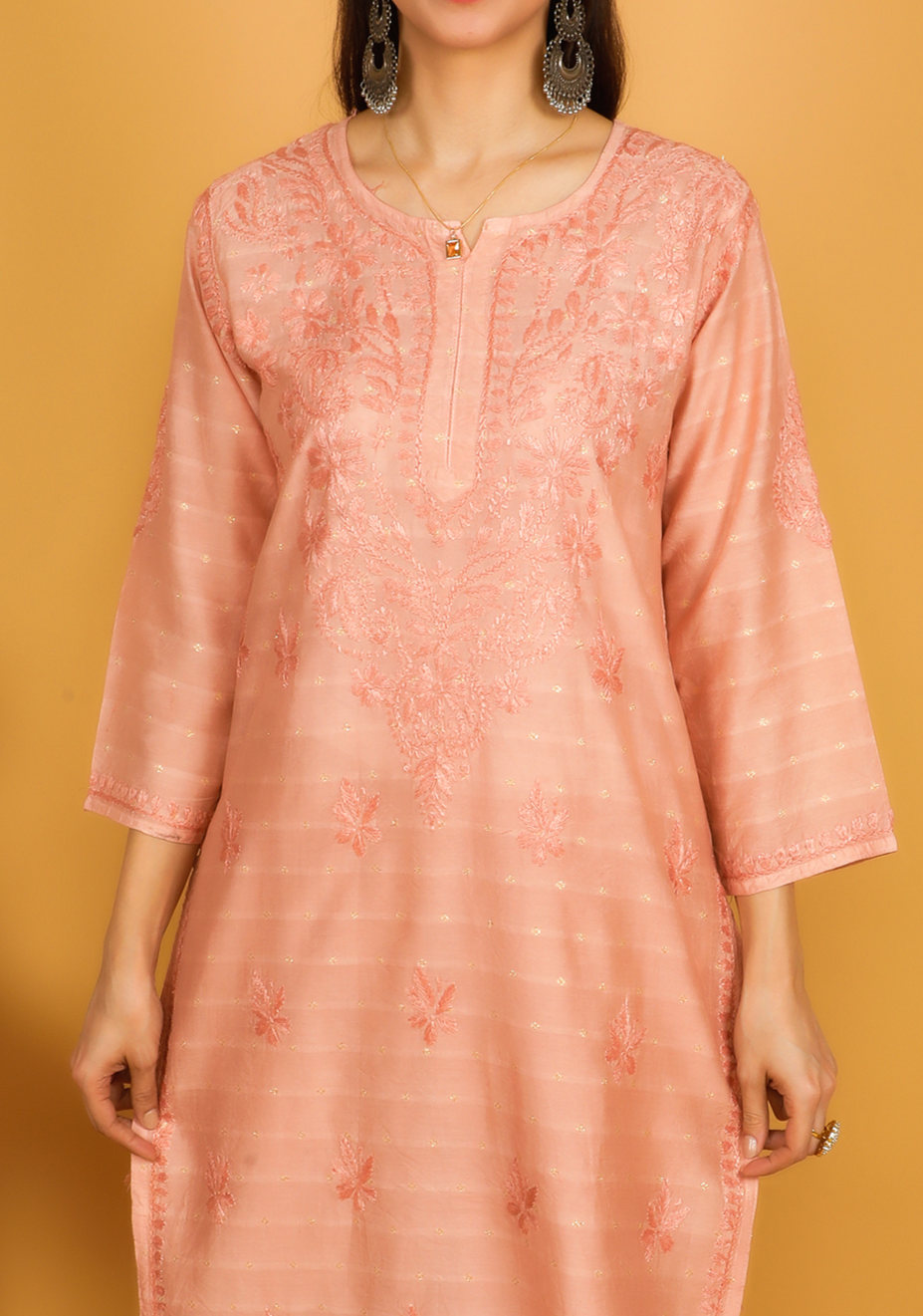 MOHIITO ROSE GOLD LUCKNOWI CHANDERI CHIKANKARI KURTA SET