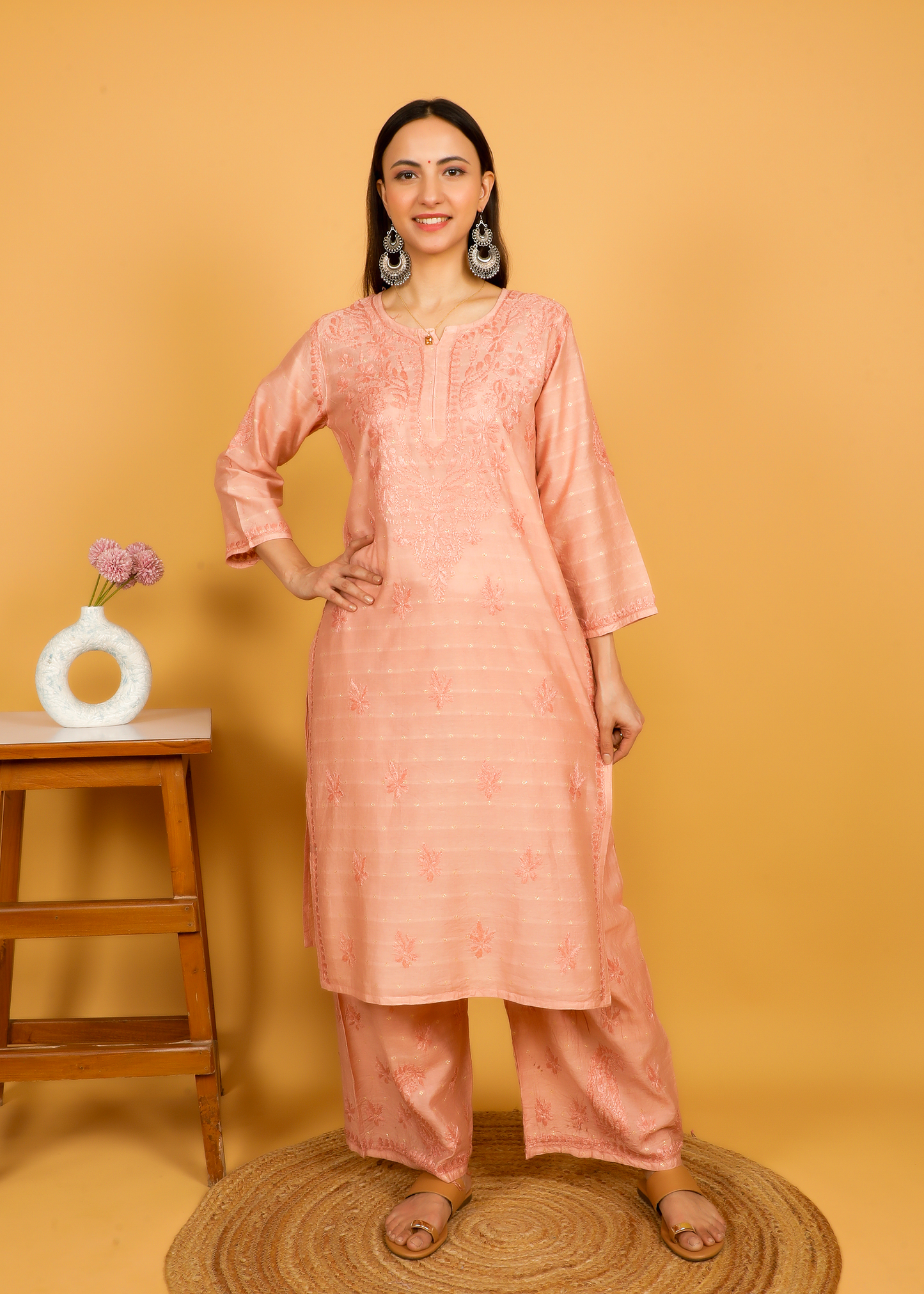 MOHIITO ROSE GOLD LUCKNOWI CHANDERI CHIKANKARI KURTA SET