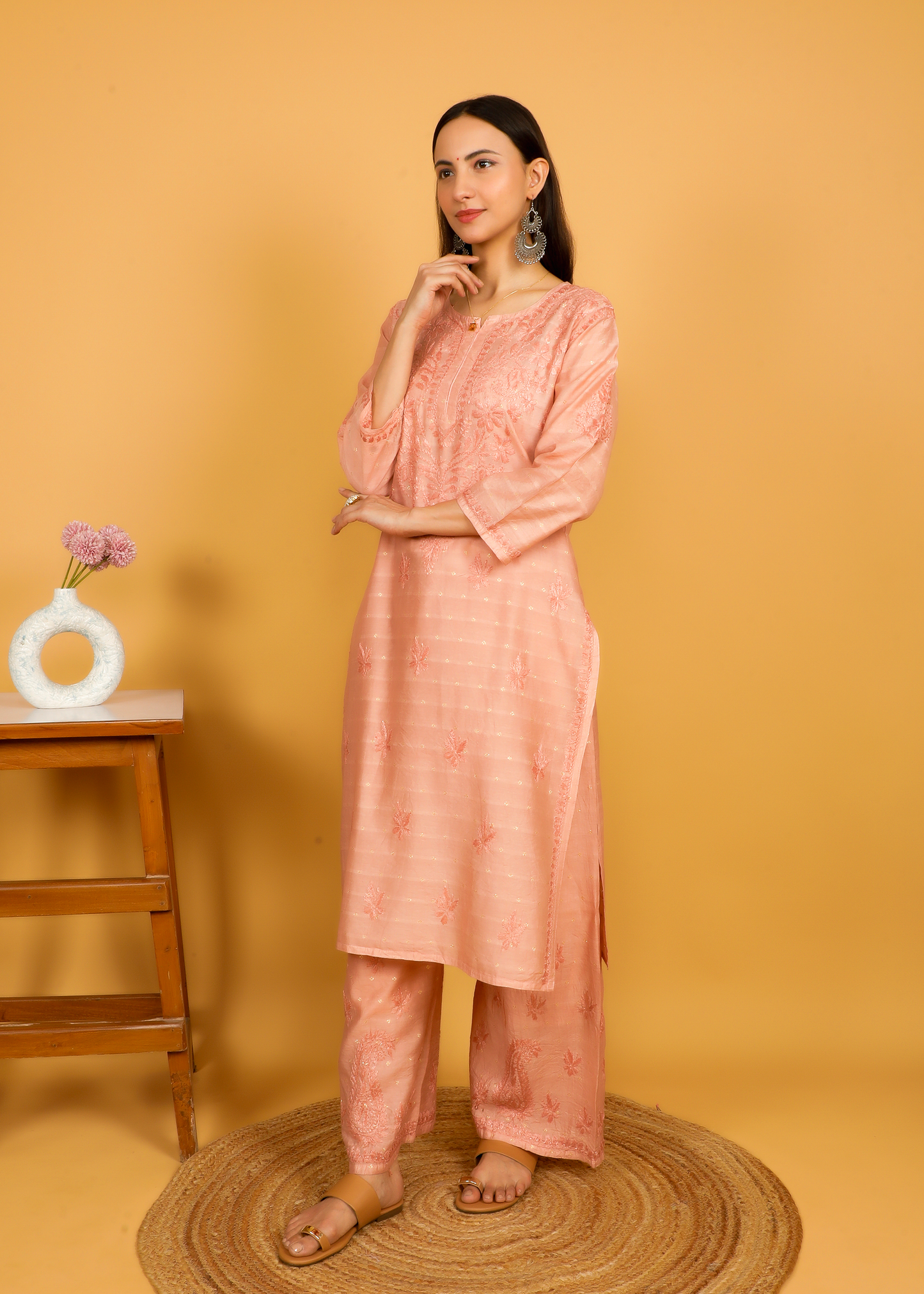 MOHIITO ROSE GOLD LUCKNOWI CHANDERI CHIKANKARI KURTA SET