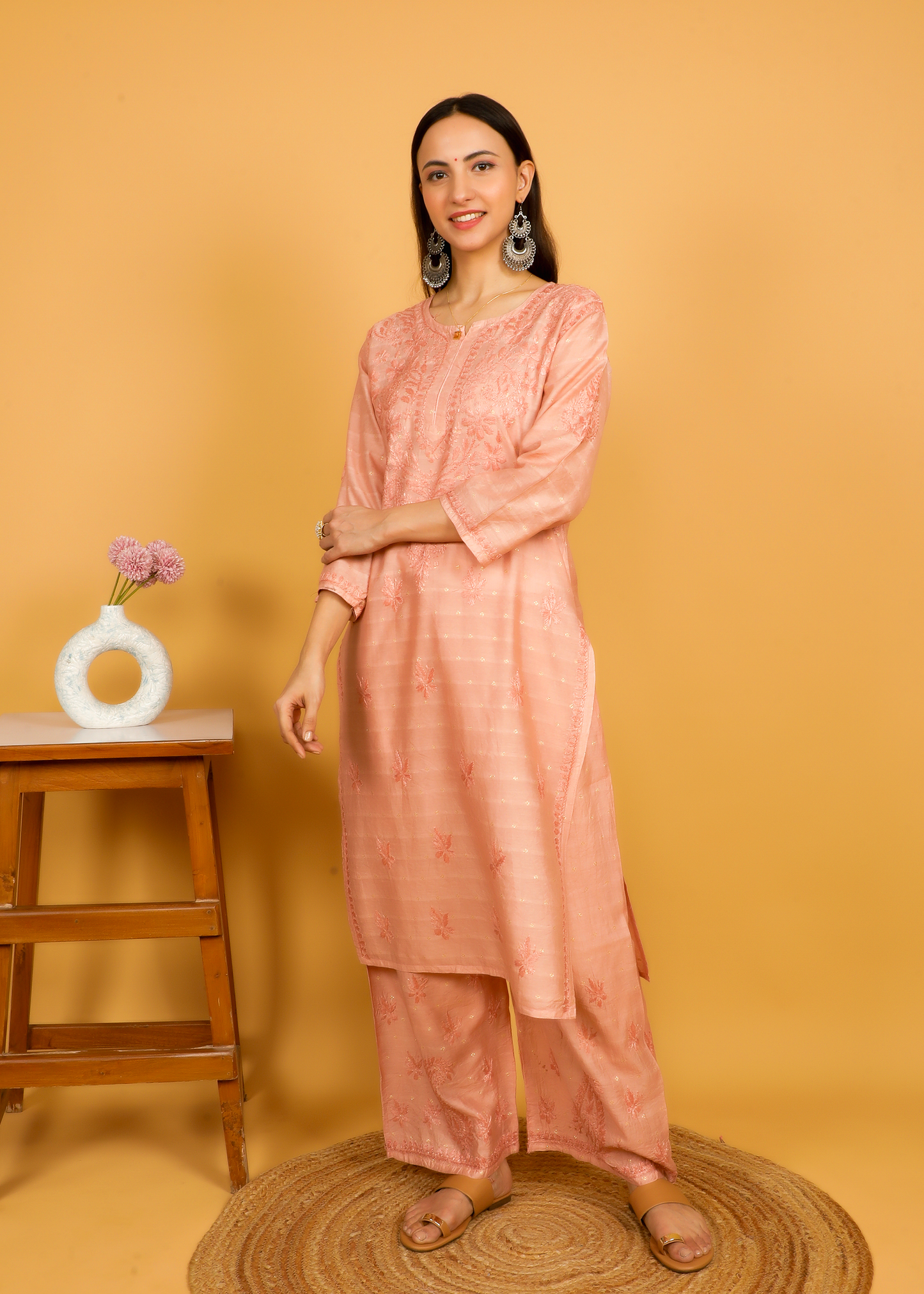 MOHIITO ROSE GOLD LUCKNOWI CHANDERI CHIKANKARI KURTA SET