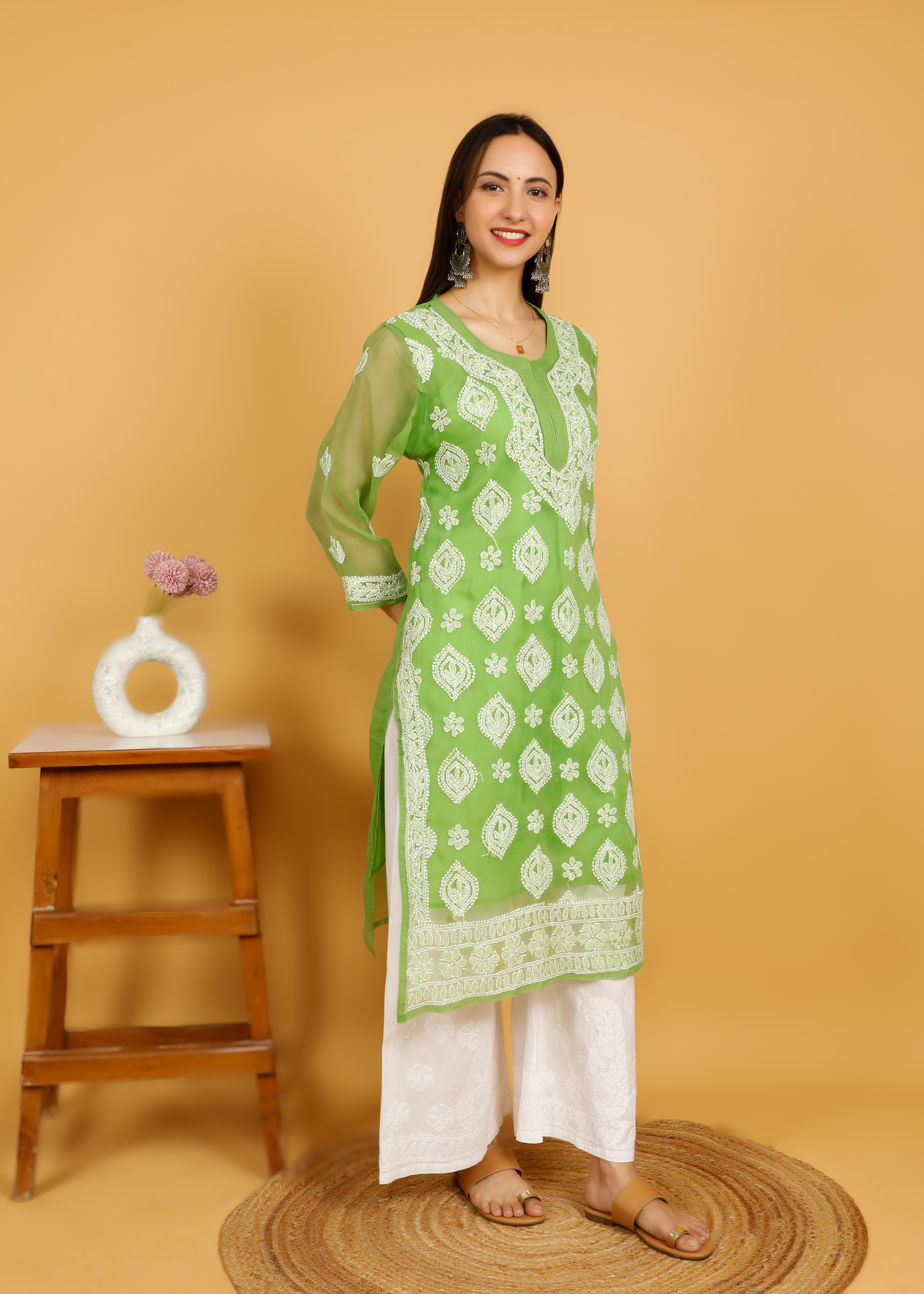 MOHIITO GREEN CHIFFON LUCKNOWI CHIKANKARI KURTI-PLAZO SET