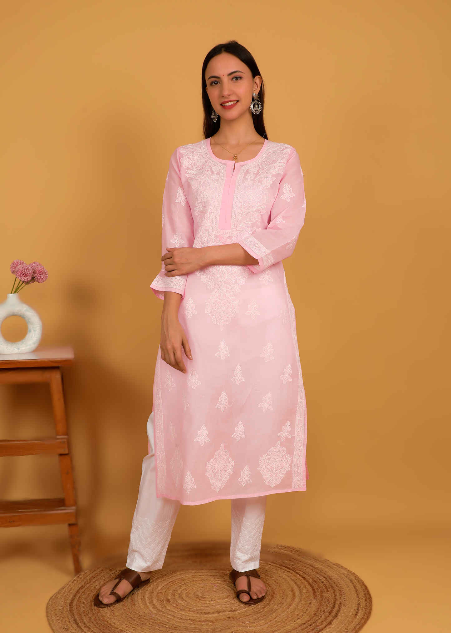 MOHIITO PINK COTTON LUCKNOWI CHIKANKARI KURTA SET