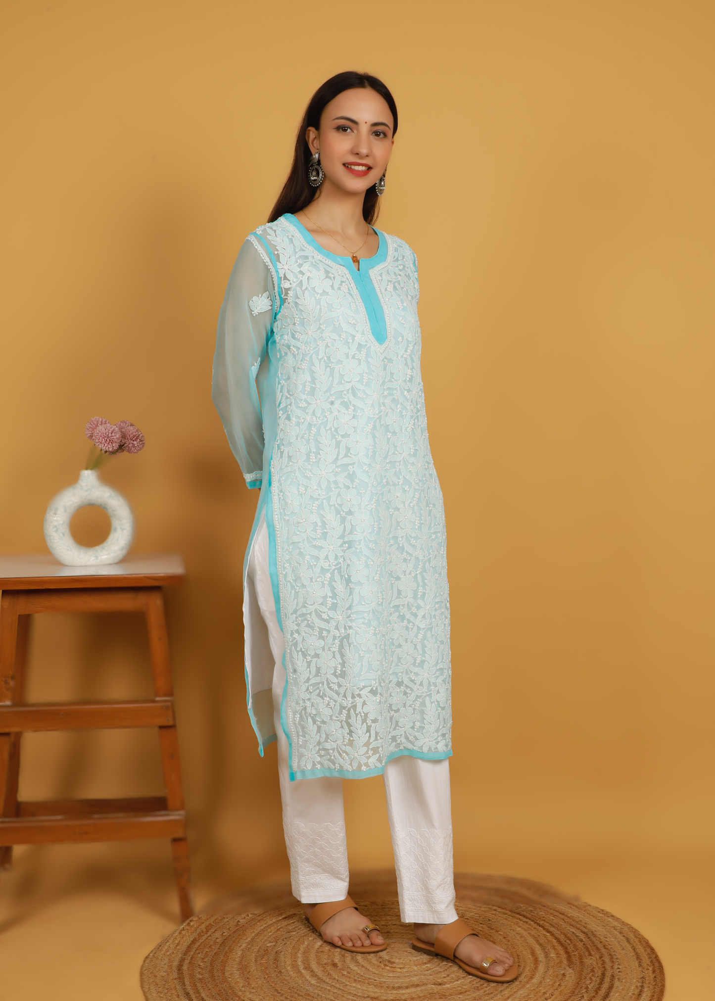 MOHIITO SKY-BLUE LUCKNOWI CHIKANKARI KURTA SET