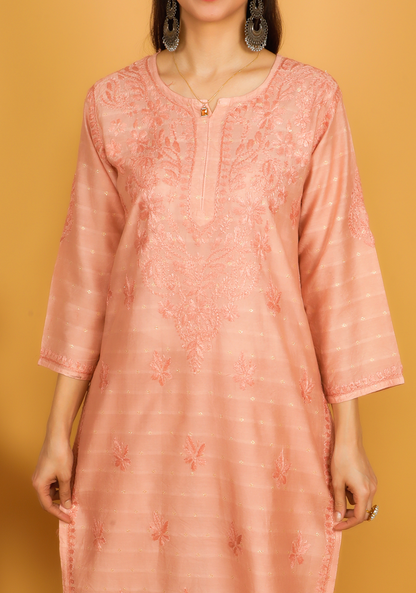 MOHIITO ROSE GOLD LUCKNOWI CHANDERI CHIKANKARI KURTA SET