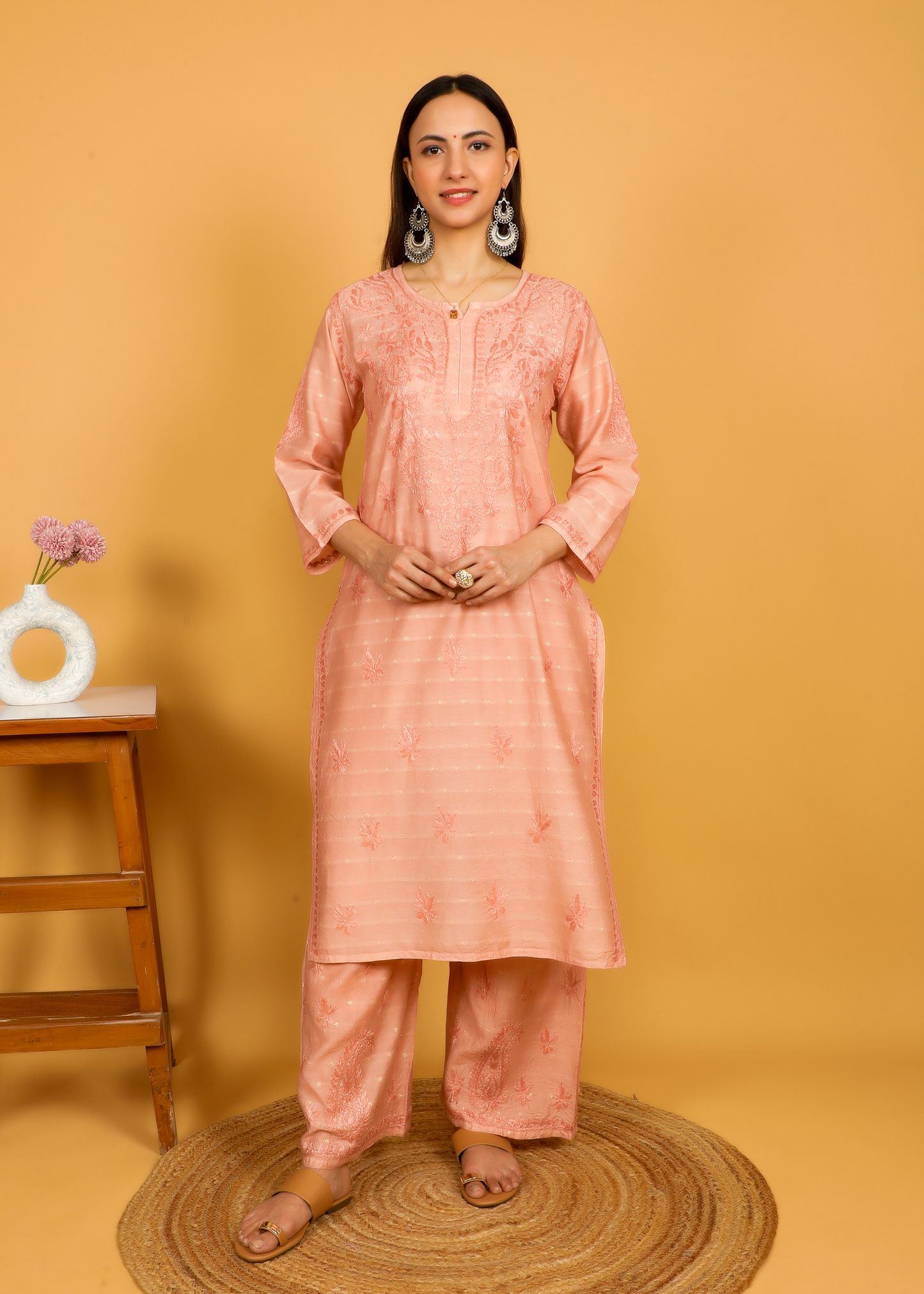 MOHIITO ROSE GOLD LUCKNOWI CHANDERI CHIKANKARI KURTA SET