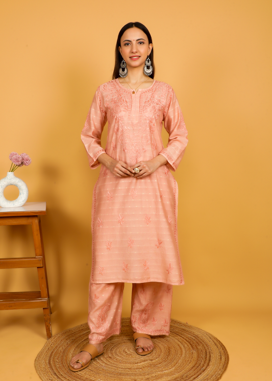 MOHIITO ROSE GOLD LUCKNOWI CHANDERI CHIKANKARI KURTA SET