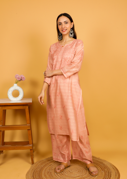 MOHIITO ROSE GOLD LUCKNOWI CHANDERI CHIKANKARI KURTA SET