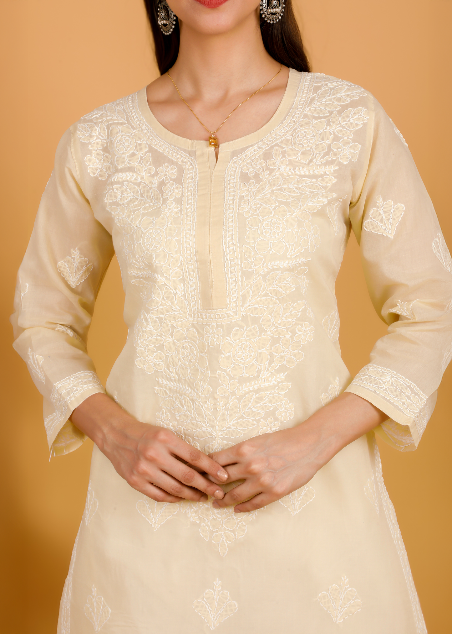 MOHIITO BEIGE LUCKNOWI CHIKANKARI KURTA-PANT SET