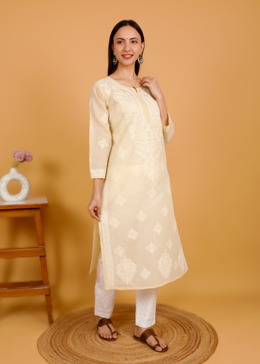 MOHIITO BEIGE LUCKNOWI CHIKANKARI KURTA-PANT SET