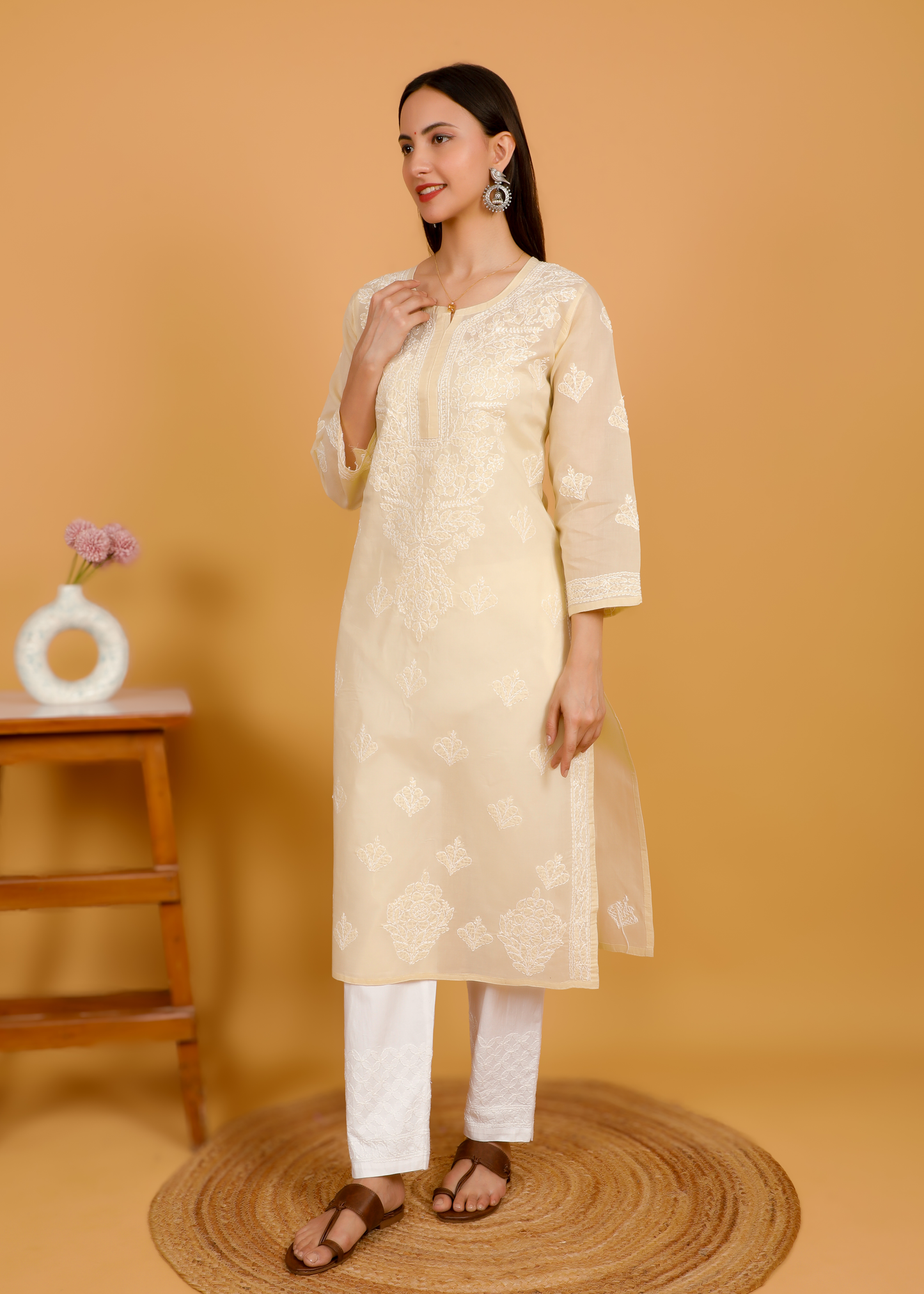 MOHIITO BEIGE LUCKNOWI CHIKANKARI KURTA-PANT SET