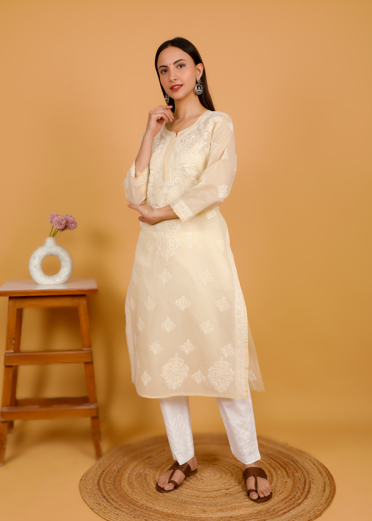MOHIITO BEIGE LUCKNOWI CHIKANKARI KURTA-PANT SET