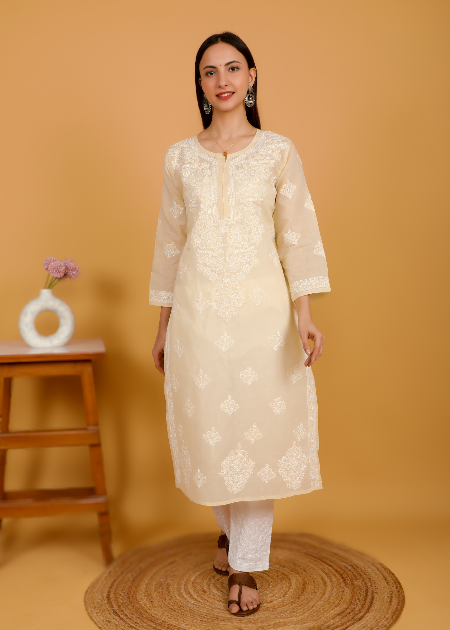 MOHIITO BEIGE LUCKNOWI CHIKANKARI KURTA-PANT SET