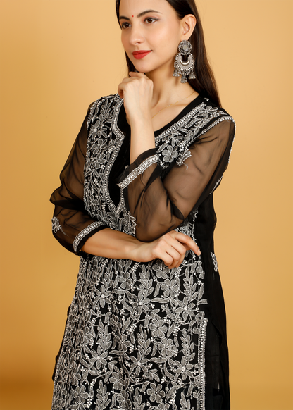MOHIITO BLACK CHIFFON CHIKANKARI LUCKNOWI KURTA-PLAZO SET