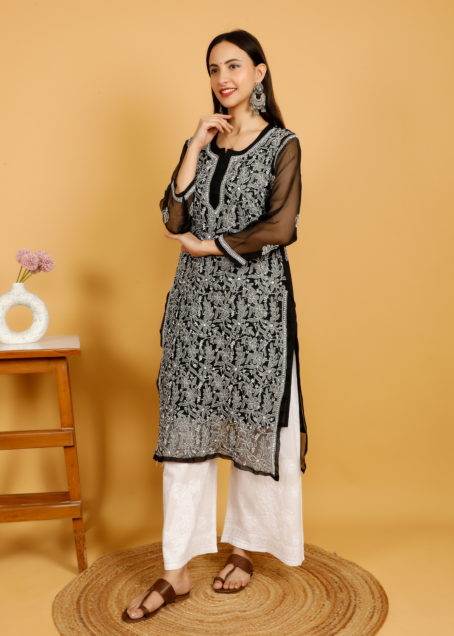 MOHIITO BLACK CHIFFON CHIKANKARI LUCKNOWI KURTA-PLAZO SET