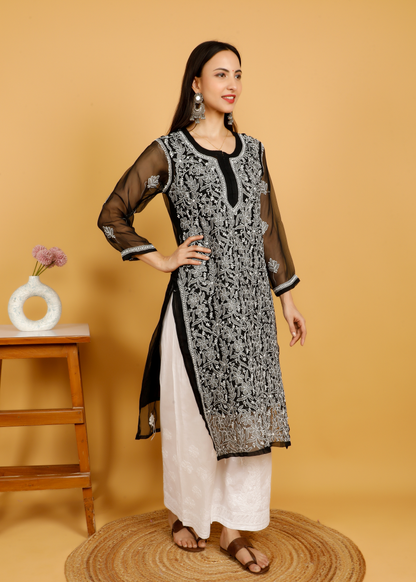 MOHIITO BLACK CHIFFON CHIKANKARI LUCKNOWI KURTA-PLAZO SET