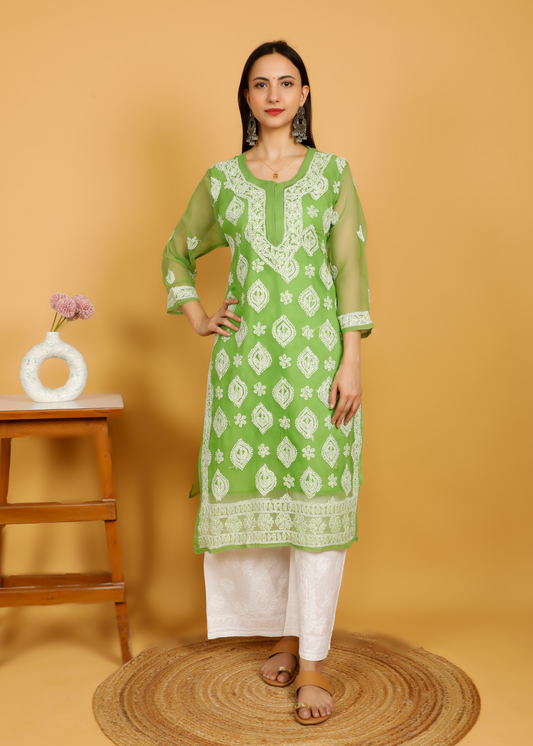 MOHIITO GREEN CHIFFON LUCKNOWI CHIKANKARI  KURTI-PLAZO SET