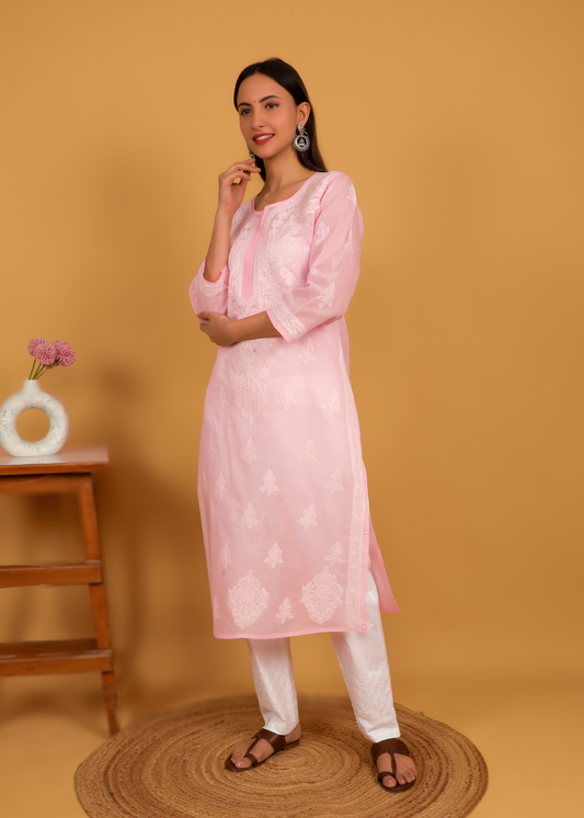 MOHIITO PINK COTTON LUCKNOWI CHIKANKARI KURTA SET