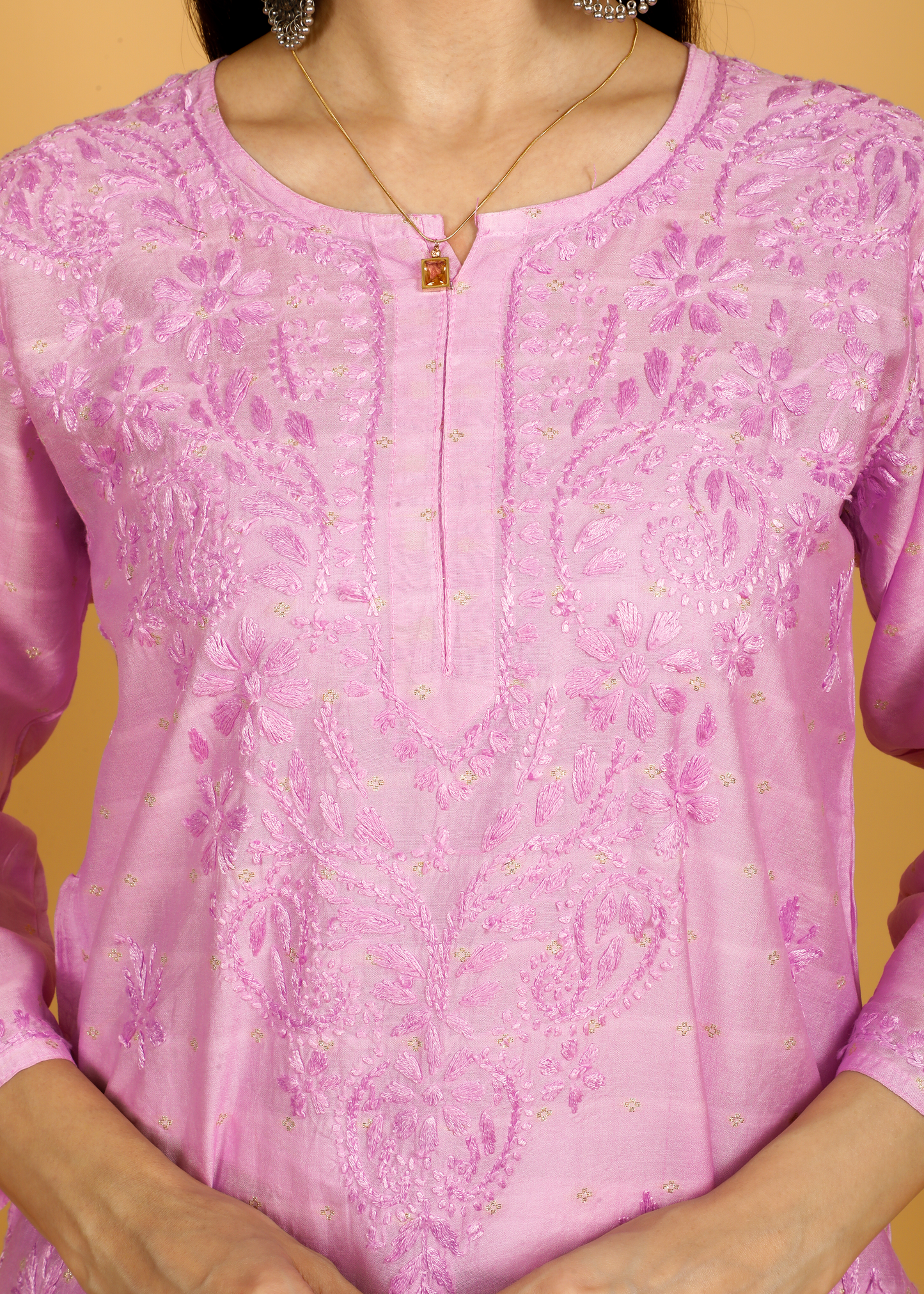 MOHIITO LAVENDER LUCKNOWI CHANDERI CHIKANKARI KURTA SET