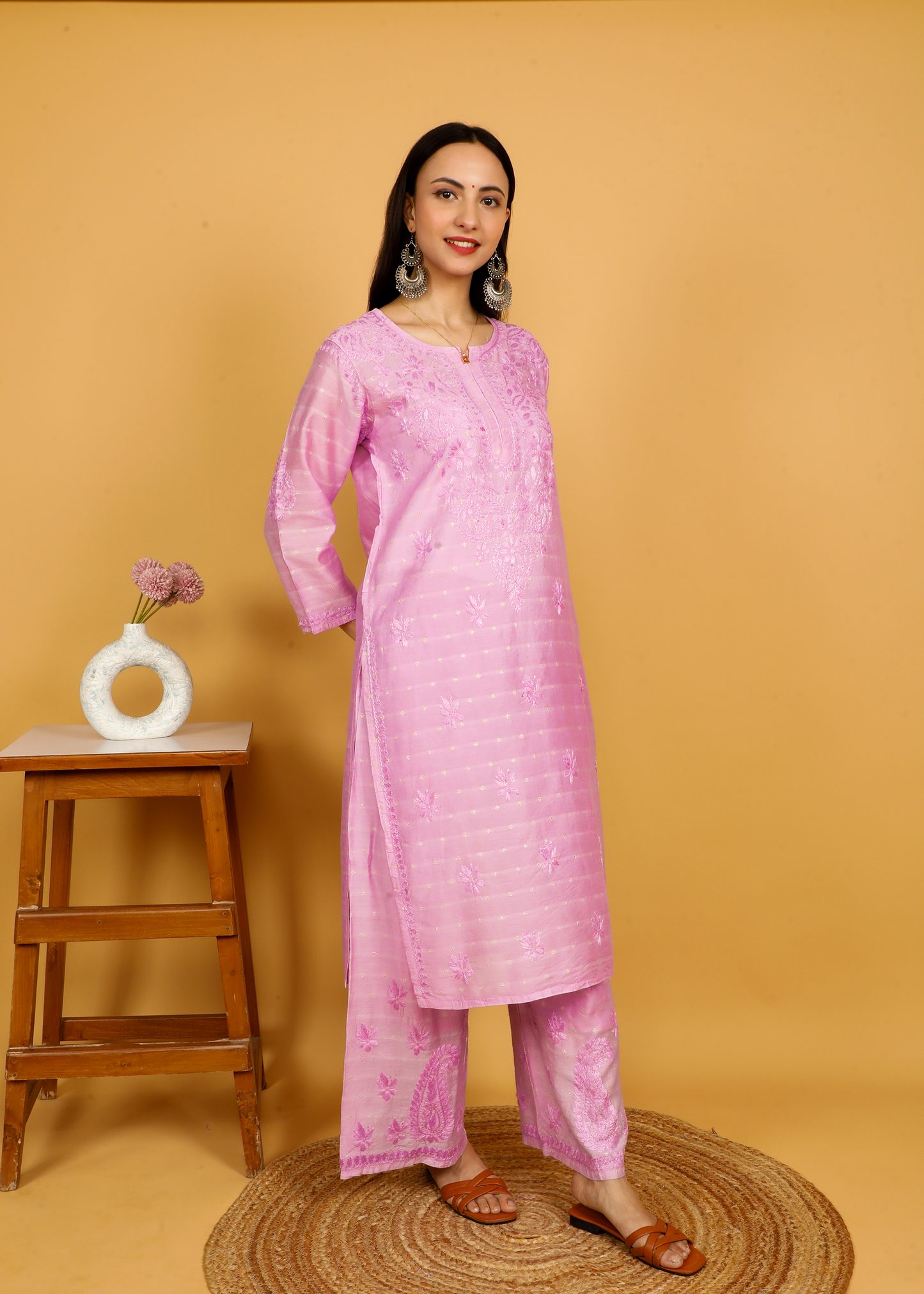MOHIITO LAVENDER LUCKNOWI CHANDERI CHIKANKARI KURTA SET