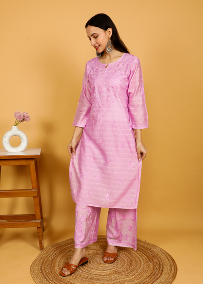 MOHIITO LAVENDER LUCKNOWI CHANDERI CHIKANKARI KURTA SET