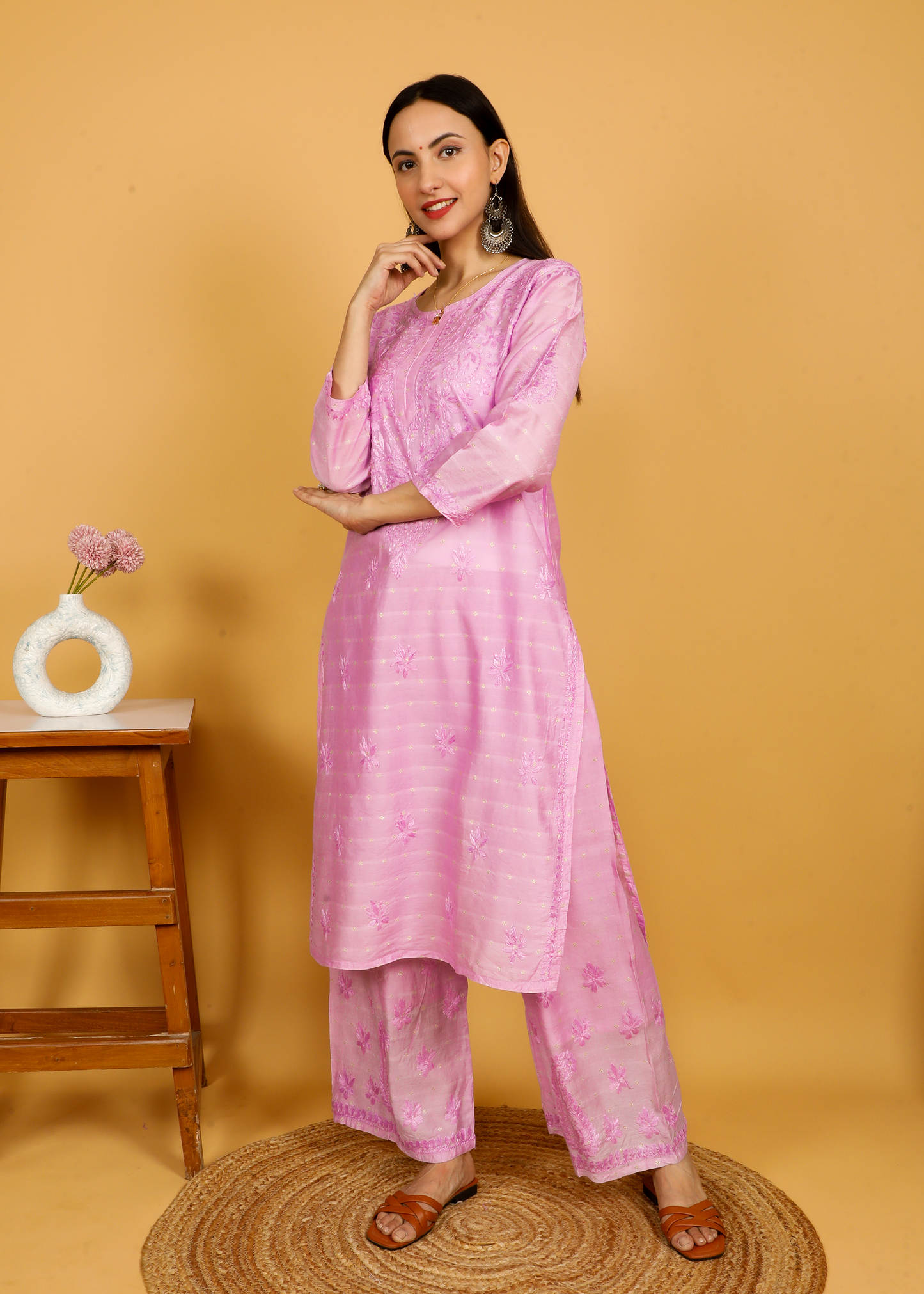 MOHIITO LAVENDER LUCKNOWI CHANDERI CHIKANKARI KURTA SET
