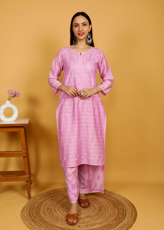 MOHIITO LAVENDER LUCKNOWI CHANDERI CHIKANKARI KURTA SET