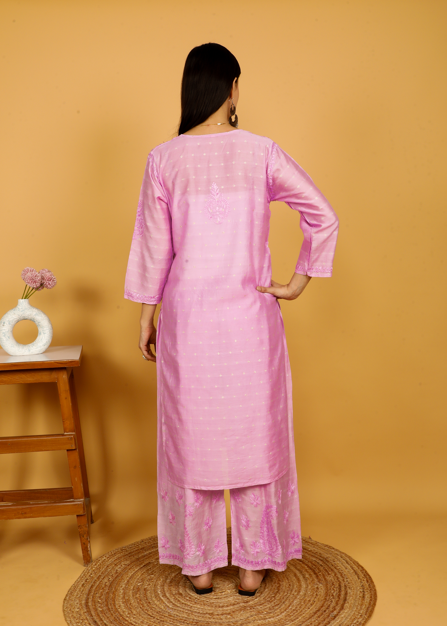 MOHIITO LAVENDER LUCKNOWI CHANDERI CHIKANKARI KURTA SET