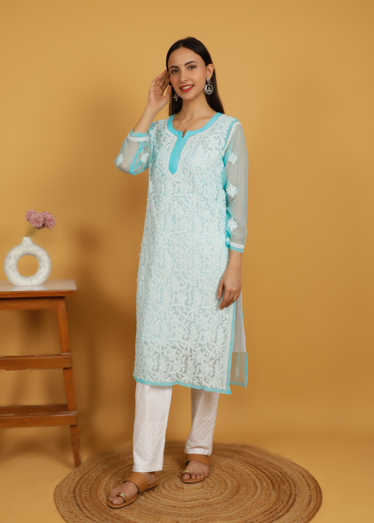MOHIITO SKY-BLUE LUCKNOWI CHIKANKARI KURTA SET