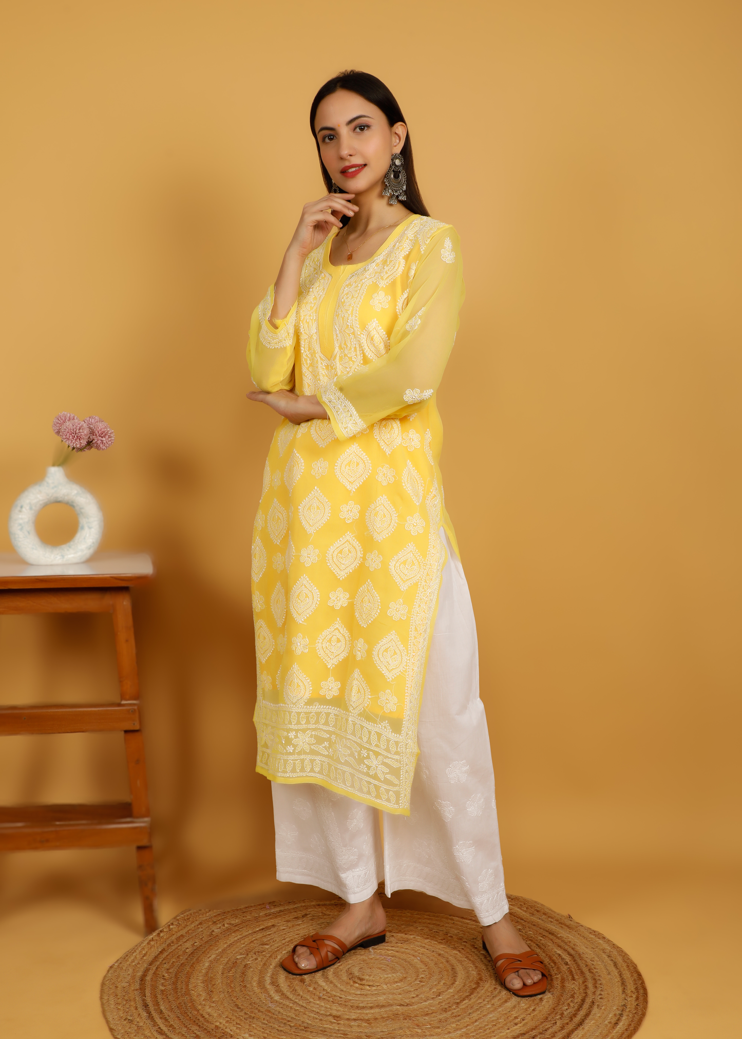 MOHIITO YELLOW CHIFFON LUCKNOWI CHIKANKARI  KURTA WITH PLAZO SET