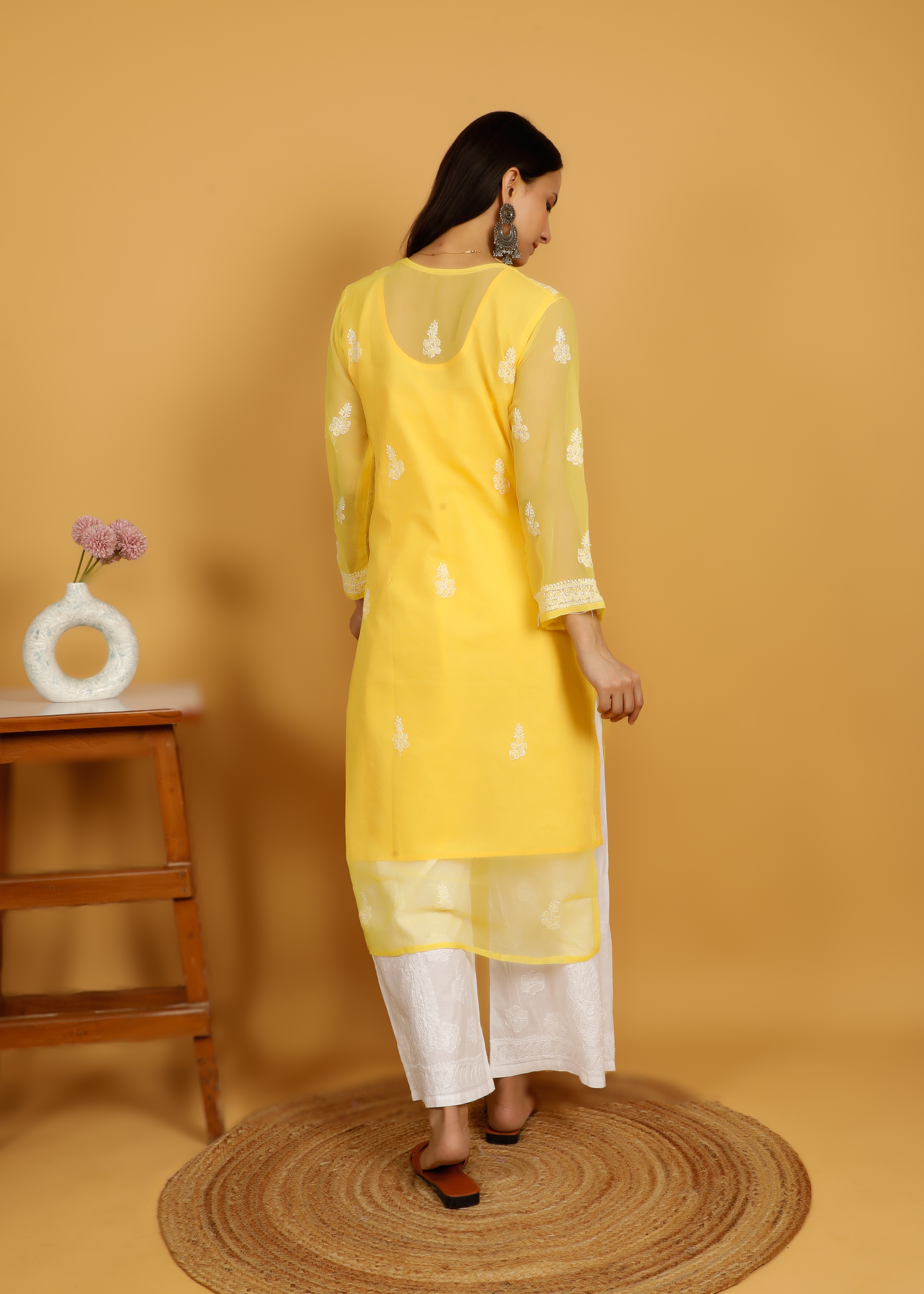 MOHIITO YELLOW CHIFFON LUCKNOWI CHIKANKARI  KURTA WITH PLAZO SET