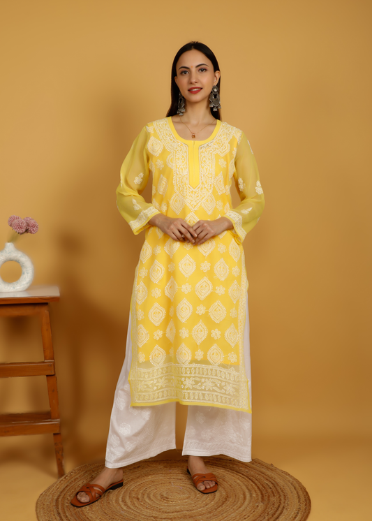 MOHIITO YELLOW CHIFFON LUCKNOWI CHIKANKARI  KURTA WITH PLAZO SET