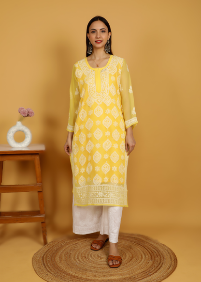 MOHIITO YELLOW CHIFFON LUCKNOWI CHIKANKARI  KURTA WITH PLAZO SET