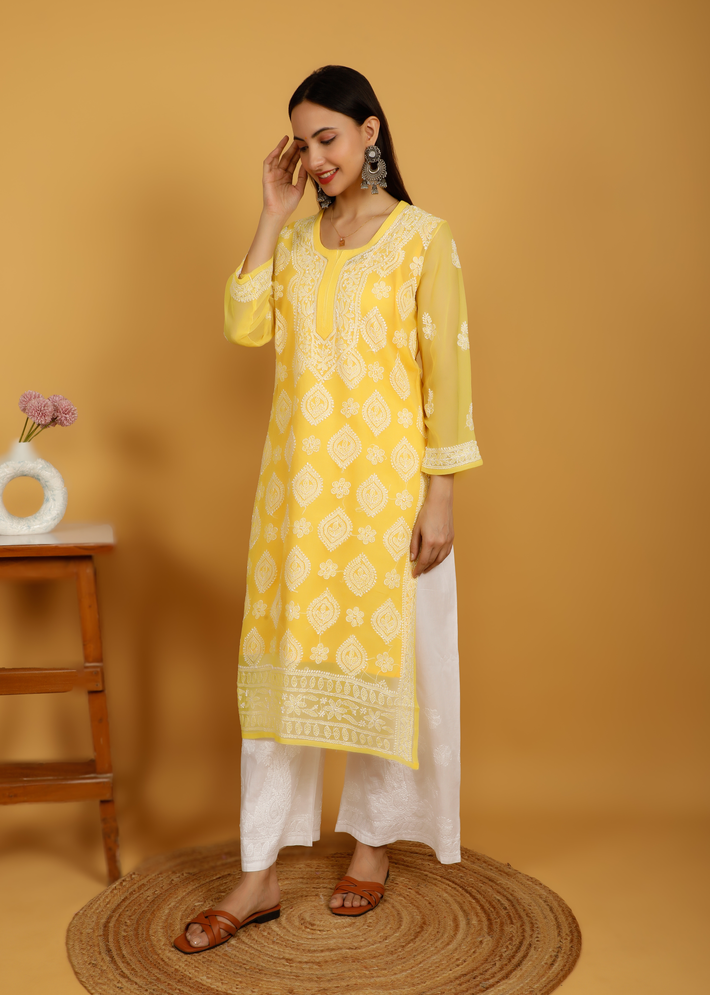 MOHIITO YELLOW CHIFFON LUCKNOWI CHIKANKARI  KURTA WITH PLAZO SET