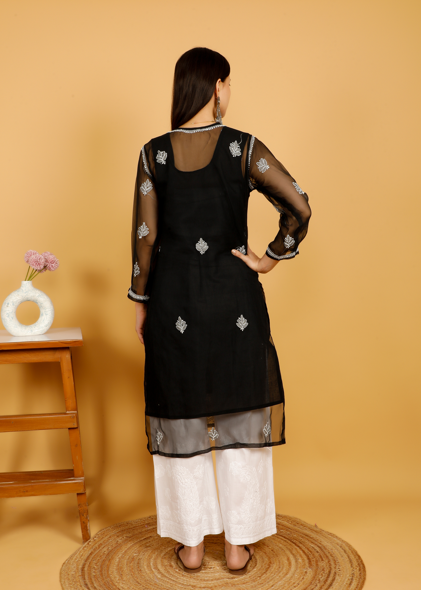 MOHIITO BLACK CHIFFON CHIKANKARI LUCKNOWI KURTA-PLAZO SET