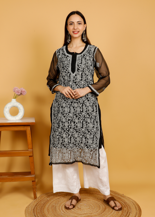 MOHIITO BLACK CHIFFON CHIKANKARI LUCKNOWI KURTA-PLAZO SET