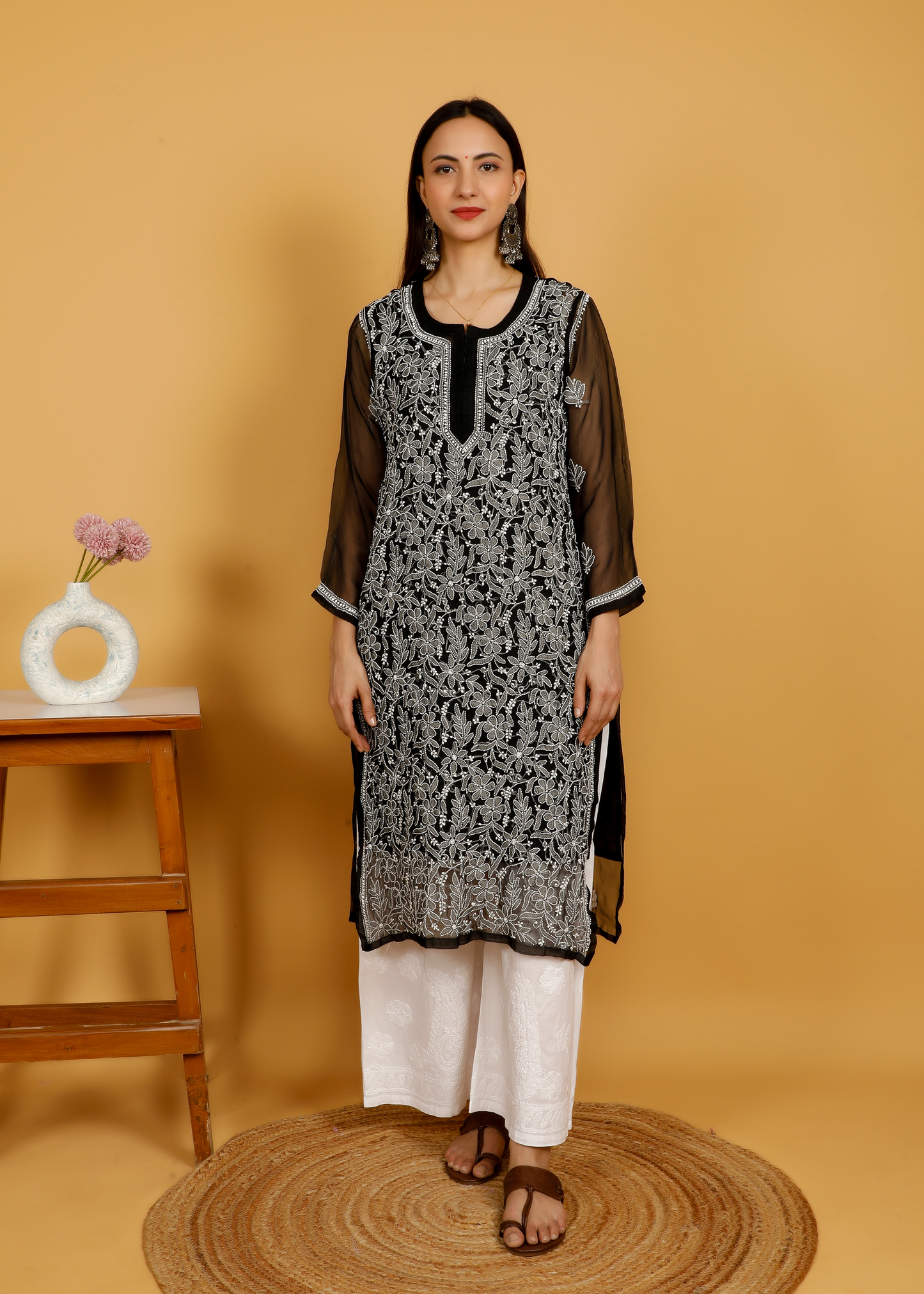 MOHIITO BLACK CHIFFON CHIKANKARI LUCKNOWI KURTA-PLAZO SET