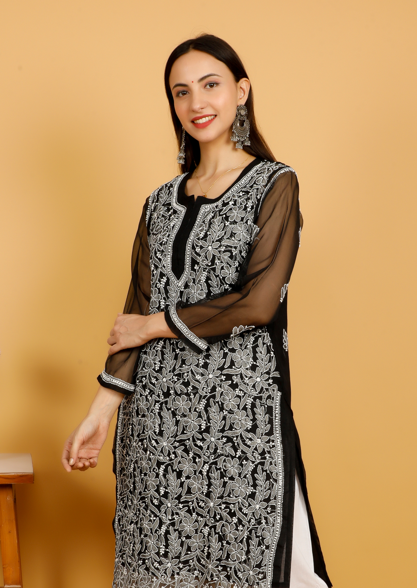 MOHIITO BLACK CHIFFON CHIKANKARI LUCKNOWI KURTA-PLAZO SET