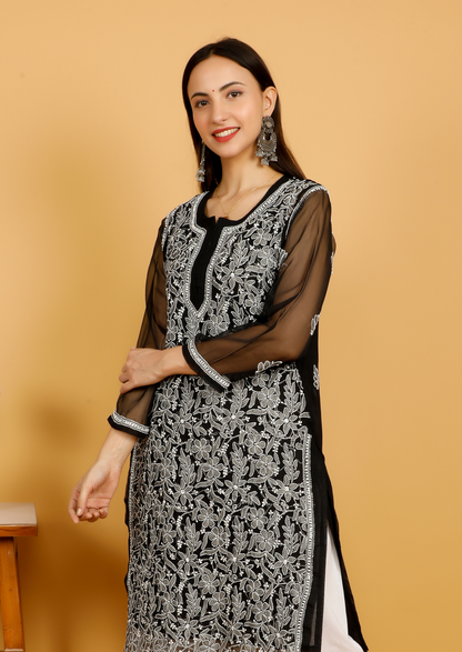 MOHIITO BLACK CHIFFON CHIKANKARI LUCKNOWI KURTA-PLAZO SET