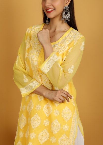 MOHIITO YELLOW CHIFFON LUCKNOWI CHIKANKARI  KURTA WITH PLAZO SET