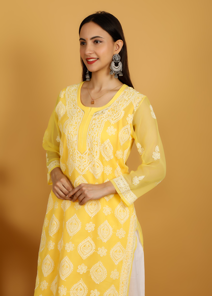 MOHIITO YELLOW CHIFFON LUCKNOWI CHIKANKARI  KURTA WITH PLAZO SET