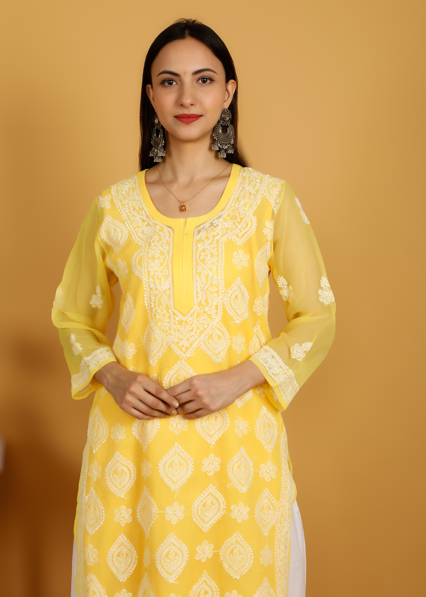 MOHIITO YELLOW CHIFFON LUCKNOWI CHIKANKARI  KURTA WITH PLAZO SET