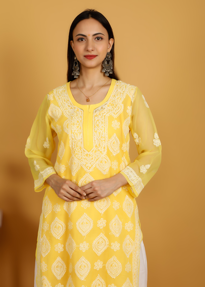MOHIITO YELLOW CHIFFON LUCKNOWI CHIKANKARI  KURTA WITH PLAZO SET