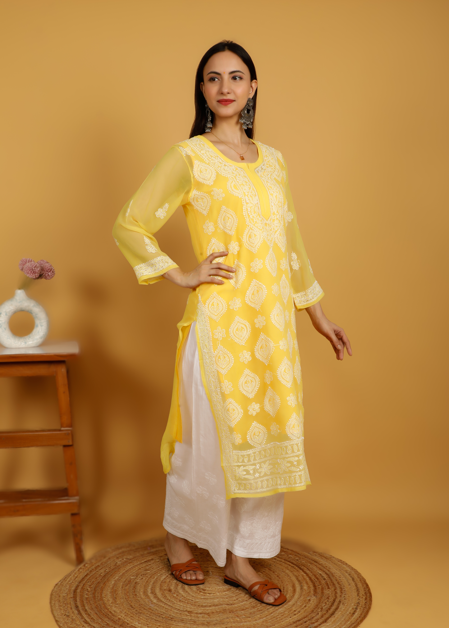 MOHIITO YELLOW CHIFFON LUCKNOWI CHIKANKARI  KURTA WITH PLAZO SET